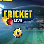 Hình ảnh một vận động viên cricket mặc đồ màu xanh đang cầm gậy chuẩn bị đánh bóng trên sân, với dòng chữ Cricket Live và biểu tượng nút phát