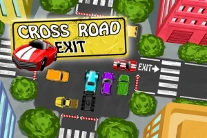 Một giao lộ đường phố với xe ô tô màu sắc tươi sáng và bảng hiệu CROSS ROAD EXIT trên nền cảnh có tòa nhà và cây xanh