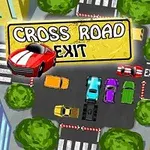 Một giao lộ đường phố với xe ô tô màu sắc tươi sáng và bảng hiệu CROSS ROAD EXIT trên nền cảnh có tòa nhà và cây xanh