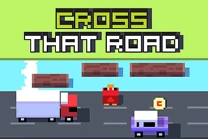 Một con gà màu đỏ đứng trên đường giữa các xe ô tô và khúc gỗ, với chữ CROSS THAT ROAD phía trên