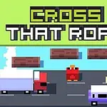 Một con gà màu đỏ đứng trên đường giữa các xe ô tô và khúc gỗ, với chữ CROSS THAT ROAD phía trên