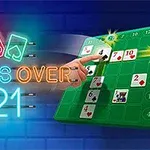 Ngón tay chỉ vào bảng số với các lá bài, bên cạnh dòng chữ Cross Over 21 phát sáng trên nền tường màu xanh