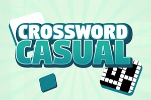 Chữ CROSSWORD CASUAL màu xanh lam đậm nổi bật trên nền xanh nhạt với hình ảnh ô chữ và các hình vuông đổ bóng xung quanh
