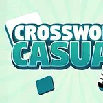 Chữ CROSSWORD CASUAL màu xanh lam đậm nổi bật trên nền xanh nhạt với hình ảnh ô chữ và các hình vuông đổ bóng xung quanh