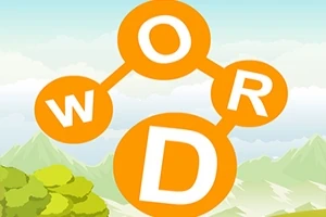 Các chữ cái W, O, R, D được kết nối với nhau trong các vòng tròn màu cam, nằm trên nền cảnh núi xanh