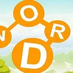 Các chữ cái W, O, R, D được kết nối với nhau trong các vòng tròn màu cam, nằm trên nền cảnh núi xanh