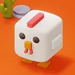 Hình ảnh một con gà hoạt hình có thân hình vuông, mắt tròn đen, mỏ cam, mào đỏ trên nền màu cam, với cây xương rồng nhỏ ở phía sau