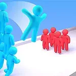 Các hình nhân màu xanh dương và đỏ đang đứng trên một nền tảng, với một nhóm hình nhân xanh tạo thành tháp người và một hình nhân xanh khác đang nhảy