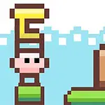 Hình ảnh pixel art với ký tự chữ cái, khuôn mặt nhân vật và khung cảnh nước trong xanh