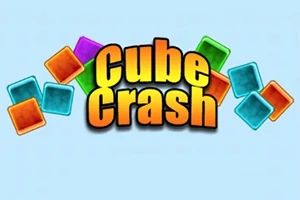 Chữ Cube Crash màu vàng cam nổi bật trên nền xanh, xung quanh là các khối vuông nhiều màu sắc