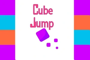 Dòng chữ Cube Jump màu hồng với một khối lập phương màu tím và các đường sọc màu tím, xanh dương, và cam ở hai bên