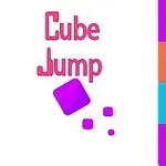 Dòng chữ Cube Jump màu hồng với một khối lập phương màu tím và các đường sọc màu tím, xanh dương, và cam ở hai bên