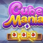 Hình ảnh có chữ Cube Mania màu tím và vàng nổi bật phía trên, bên dưới là ba ô vuông chứa hình quả táo đỏ, trên nền xanh có hoa văn ô vuông nhạt