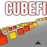 Các khối lập phương màu vàng và cam nằm trên một con đường rộng màu xám với từ CUBEFIELD phía trên