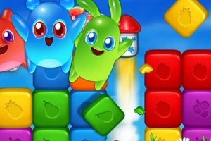 Các khối hình màu sắc tươi sáng kèm theo những nhân vật hoạt hình vui nhộn với mắt to và miệng cười