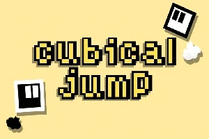 Chữ cubical jump với font chữ pixel trên nền vàng, xung quanh có các hình vuông nhỏ màu đen và trắng