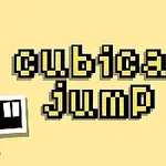 Chữ cubical jump với font chữ pixel trên nền vàng, xung quanh có các hình vuông nhỏ màu đen và trắng