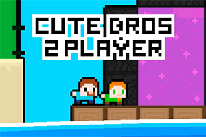 Hai nhân vật hoạt hình đứng trên nền đất gạch bên cạnh biển, với chữ Cute Bros 2 Player xuất hiện phía trên