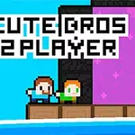 Hai nhân vật hoạt hình đứng trên nền đất gạch bên cạnh biển, với chữ Cute Bros 2 Player xuất hiện phía trên