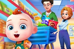 Một em bé vui vẻ đi cùng cha mẹ đang đẩy xe đẩy chứa thực phẩm trong siêu thị đầy màu sắc
