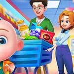 Một em bé vui vẻ đi cùng cha mẹ đang đẩy xe đẩy chứa thực phẩm trong siêu thị đầy màu sắc