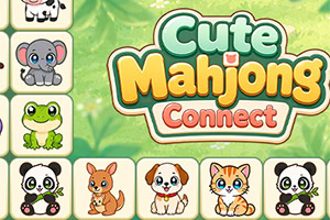 Logo Cute Mahjong Connect trên nền xanh lá, bao quanh bởi các ô gạch hình thú dễ thương như voi, ếch, gấu trúc, kangaroo, chó và mèo