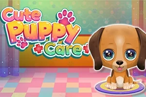 Chú chó con đáng yêu với đôi mắt to tròn ngồi trên sàn, bên cạnh là chữ Cute Puppy Care màu sắc rực rỡ