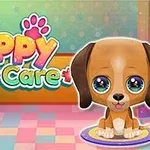 Chú chó con đáng yêu với đôi mắt to tròn ngồi trên sàn, bên cạnh là chữ Cute Puppy Care màu sắc rực rỡ