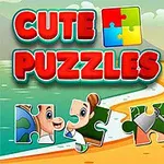 Hình ảnh có dòng chữ Cute Puzzles với các mảnh ghép phía trước một ngôi nhà nhỏ ở bãi biển và hàng dừa xanh