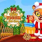 Hổ con mặc trang phục Noel, đeo kính, đứng bên cạnh hộp quà với phông nền lễ hội