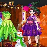 Một cô gái mặc váy phù thủy đứng bên cạnh tủ đựng váy đa màu sắc trong trang trí Halloween