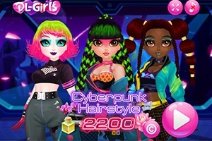 Ba cô gái phong cách cyberpunk với kiểu tóc và trang phục đầy màu sắc đứng trong bối cảnh tương lai số