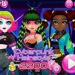 Ba cô gái phong cách cyberpunk với kiểu tóc và trang phục đầy màu sắc đứng trong bối cảnh tương lai số