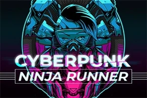 Hình ảnh một nhân vật có phong cách cyberpunk với tóc độc đáo và đeo mặt nạ, nền đậm chi tiết công nghệ, kèm chữ Cyberpunk Ninja Runner