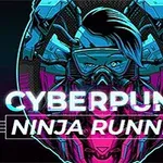 Hình ảnh một nhân vật có phong cách cyberpunk với tóc độc đáo và đeo mặt nạ, nền đậm chi tiết công nghệ, kèm chữ Cyberpunk Ninja Runner