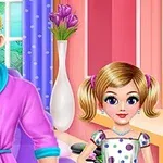 Người đàn ông mặc áo choàng tắm màu tím đứng cạnh bé gái tóc vàng, trong căn phòng có bình hoa và rèm cửa màu tím
