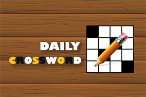 Chữ Daily Crossword trên nền gỗ, bên cạnh là lưới ô chữ và một cây bút chì