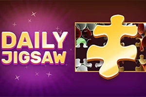 Chữ Daily Jigsaw sáng màu vàng nổi bật trên nền tím với mảnh ghép hình ở bên phải