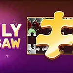 Chữ Daily Jigsaw sáng màu vàng nổi bật trên nền tím với mảnh ghép hình ở bên phải