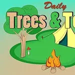 Hình ảnh có một túp lều vàng xanh dưới bóng cây lớn với một bếp lửa phía trước, kèm dòng chữ lớn Trees & Tents
