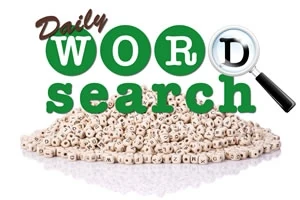 Hình ảnh có một đống khối nhỏ có chữ cái, từ Daily WORD search và một kính lúp bên cạnh