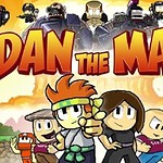 Hình ảnh một nhân vật hoạt hình tóc đỏ, đeo băng đeo đầu xanh dương, và logo chữ Dan the Man với nền sáng