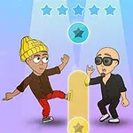 Hai nhân vật hoạt hình đang nhảy múa trên nền màu sắc, với các ngôi sao và biểu tượng âm nhạc xung quanh
