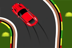 Xe đua màu đỏ đang drift trên đường đua uốn lượn với viền nhiều màu sắc, xung quanh là thảm cỏ xanh