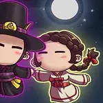 Hai nhân vật hoạt hình trong trang phục truyền thống đứng dưới ánh trăng với biểu cảm vui vẻ