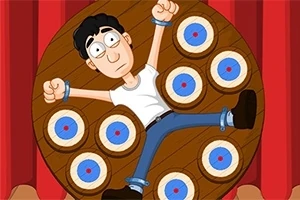 Dart Wheel Nhân vật hoạt hình bị trói trên bánh xe gỗ với nhiều bia tròn có hồng tâm xung quanh