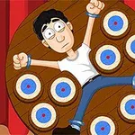 Dart Wheel Nhân vật hoạt hình bị trói trên bánh xe gỗ với nhiều bia tròn có hồng tâm xung quanh