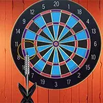 Bảng phi tiêu với các vòng màu xanh và đỏ treo trên tường gỗ màu cam, có hai bóng đèn ở hai bên và ba phi tiêu đặt phía trước