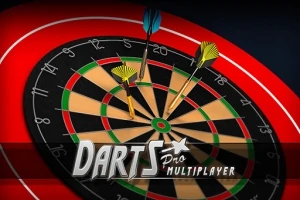 Ba mũi phi tiêu ghim vào bảng mục tiêu với chữ Darts Pro Multiplayer ở phía dưới