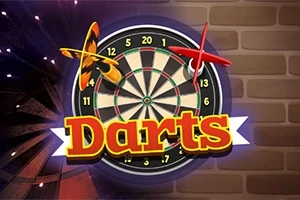 Bảng phi tiêu với con bướm vàng và phi tiêu đỏ, chữ Darts nổi bật trên nền tường gạch